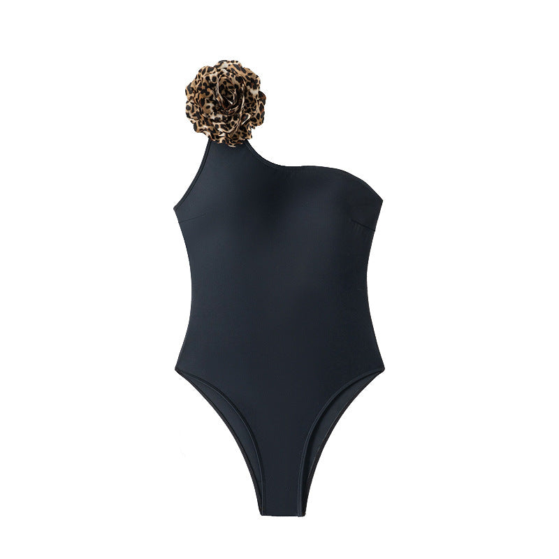 Ladies One-Sided Swimsuit with Elegant Animal Pattern and Floral Accent StylebySassy