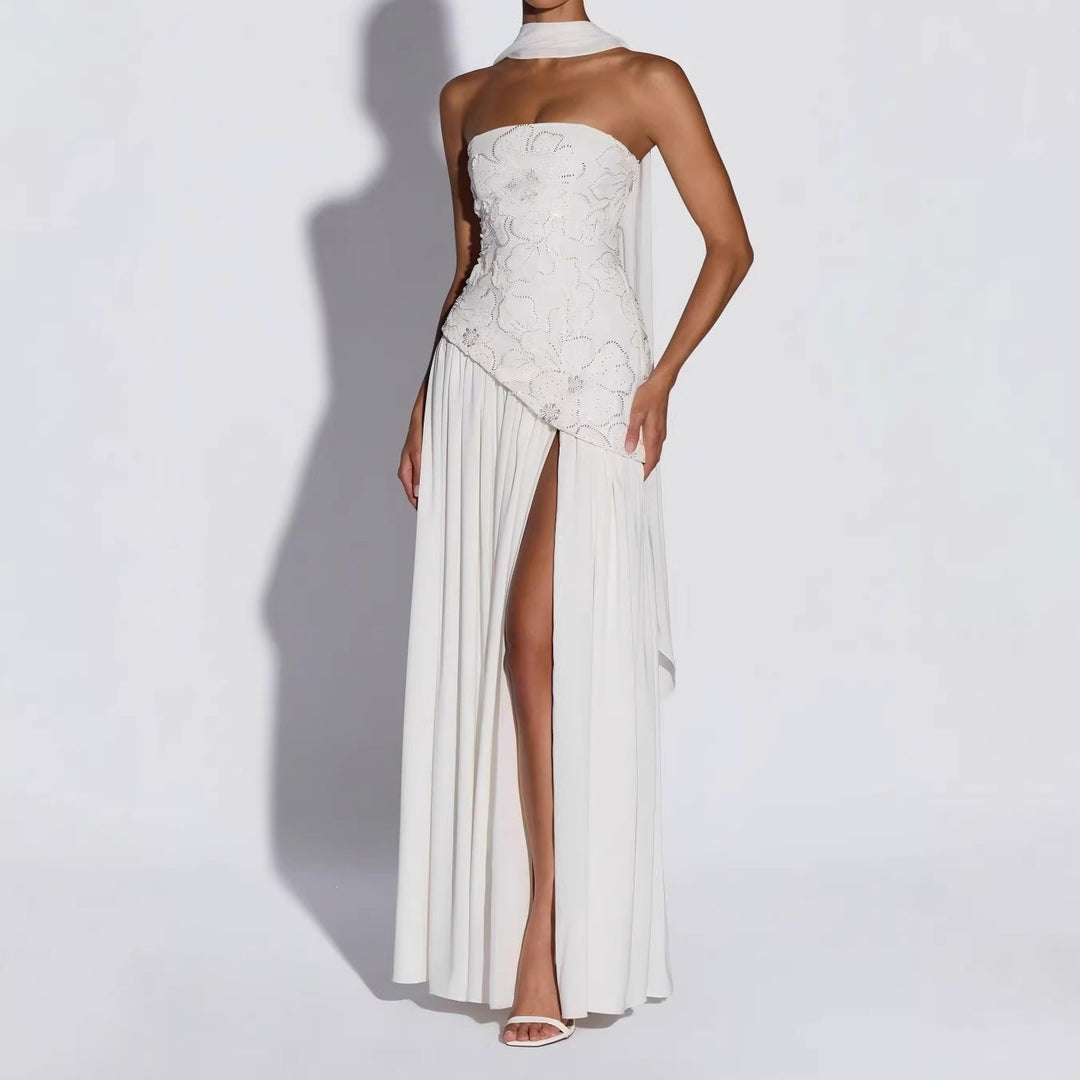 Ladies Strapless Evening Dress with Side Slit and Floral Appliqués StylebySassy