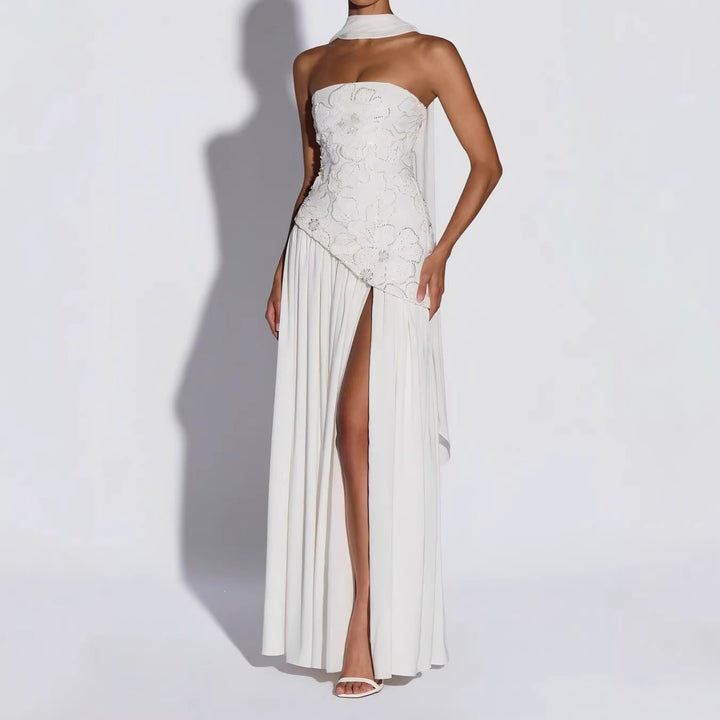 Ladies Strapless Evening Dress with Side Slit and Floral Appliqués StylebySassy