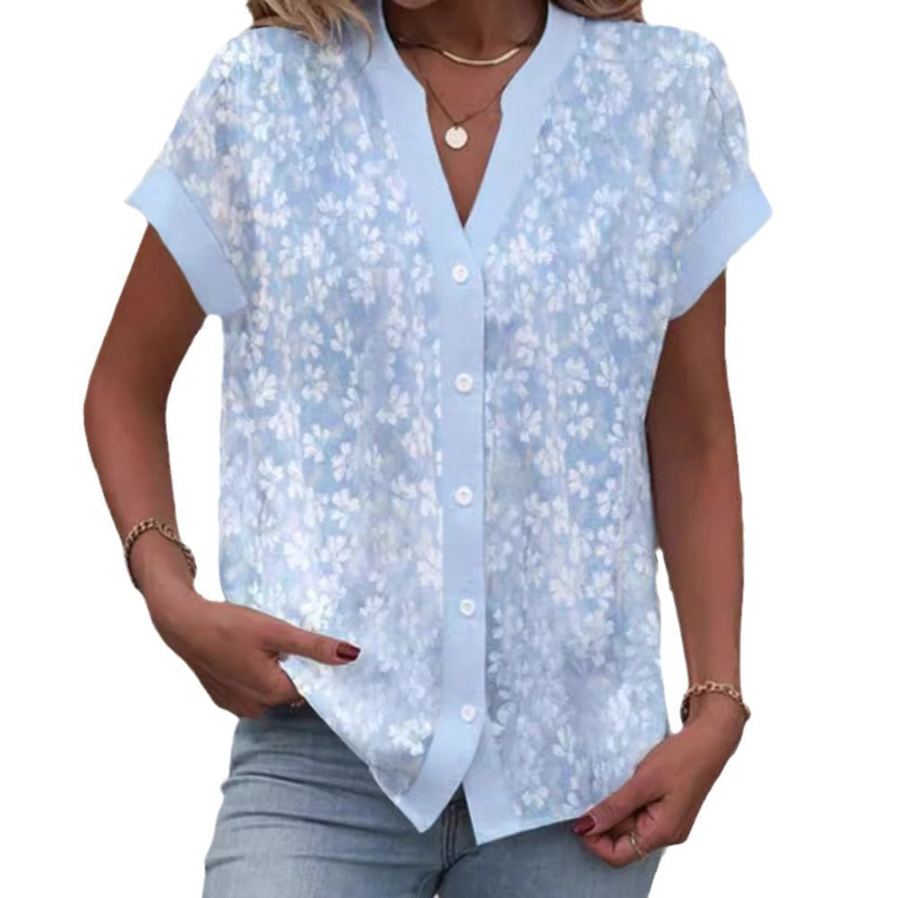 Women's airy button blouse with V-neck, rolled sleeves and floral textured print StylebySassy