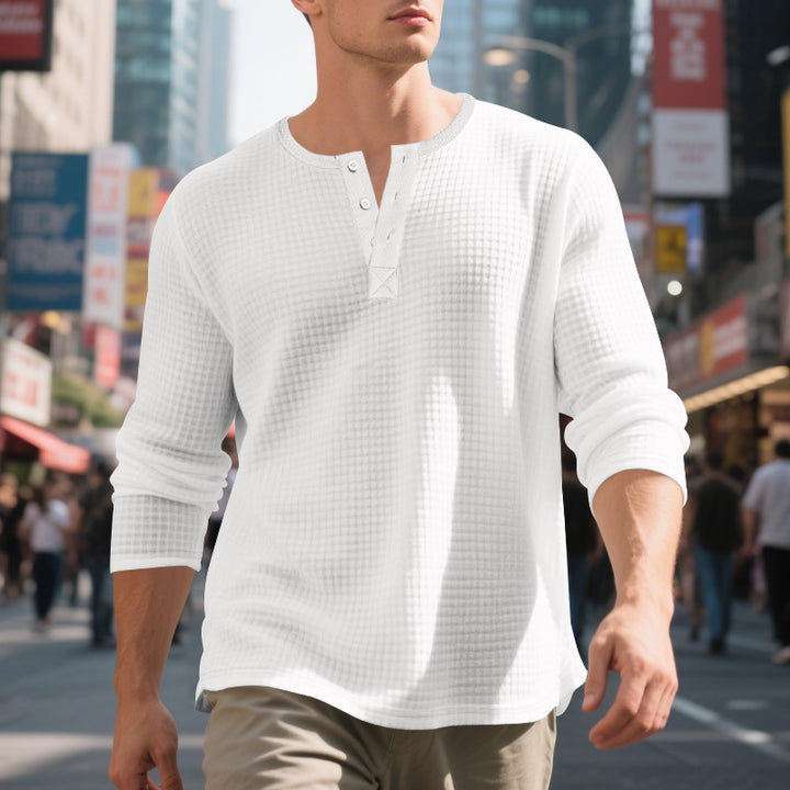 Men's nano thermoregulating waffle thermal shirt with short button placket and rounded hem StylebySassy