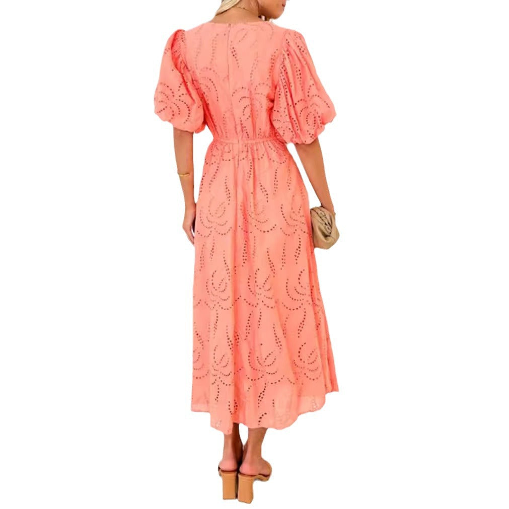 Women’s tailored mid-length dress with embroidery eyelet and voluminous balloon sleeves StylebySassy