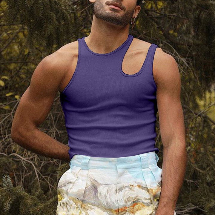 Men's body-hugging tank top with one-sided shoulder cut-out and fine ribbed texture StylebySassy
