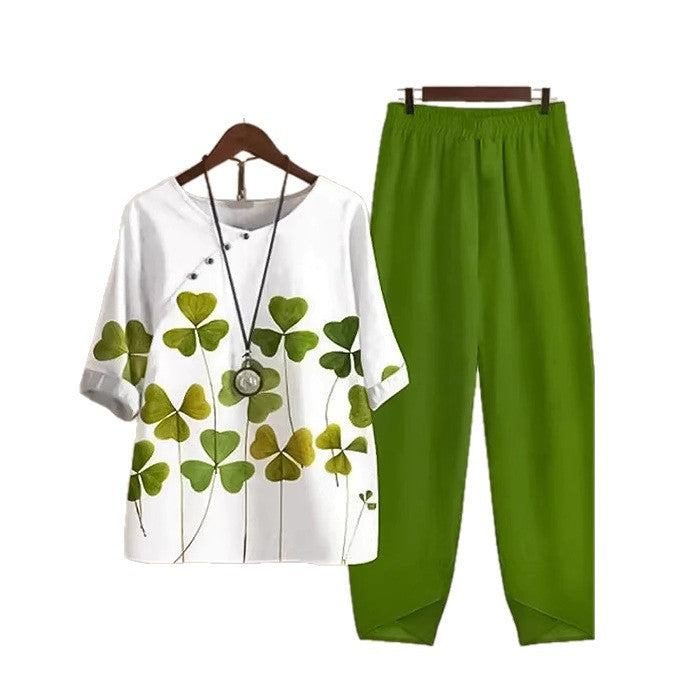 Women's two-piece casual ensemble with clover print tunic and elastic comfort waistband pants StylebySassy