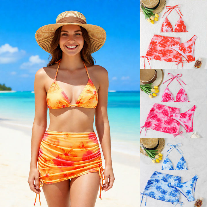 Women's Triangle Bikini Set with Adjustable Straps and Floral Wrap Skirt StylebySassy