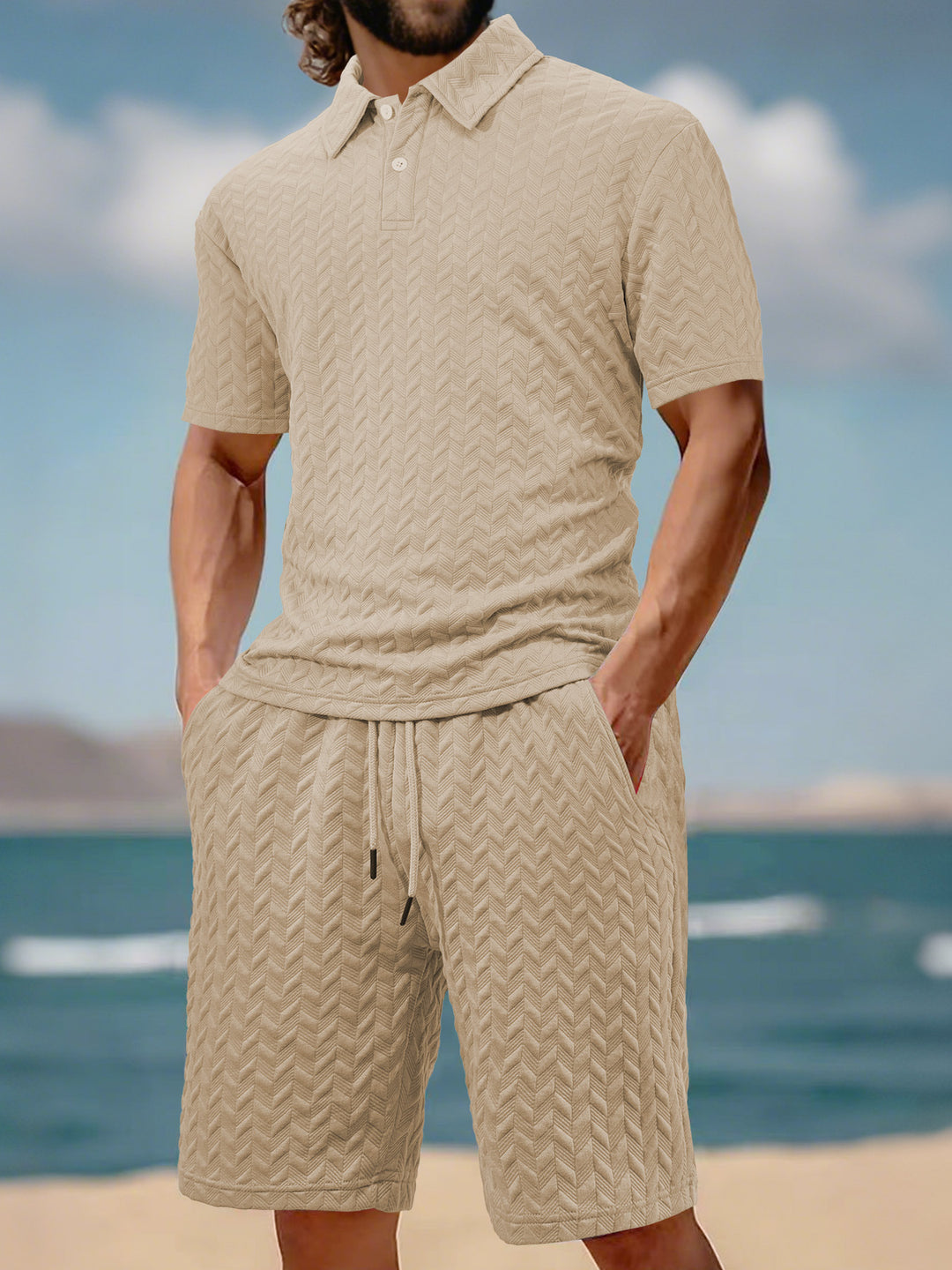 Men's embossed beach ensemble with open short sleeve shirt and cord Bermuda StylebySassy