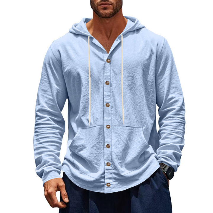 Men's button-closed hooded shirt jacket made of lightweight cotton blend with kangaroo pocket StylebySassy