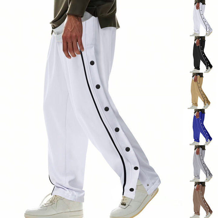 Men's wide training pants with side snap button placket, contrast stripes, elastic waistband, and straight leg StylebySassy