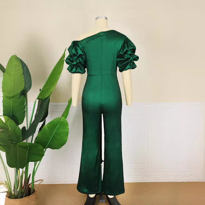 Ladies Elegant Jumpsuit with Asymmetric Puffed Sleeves StylebySassy