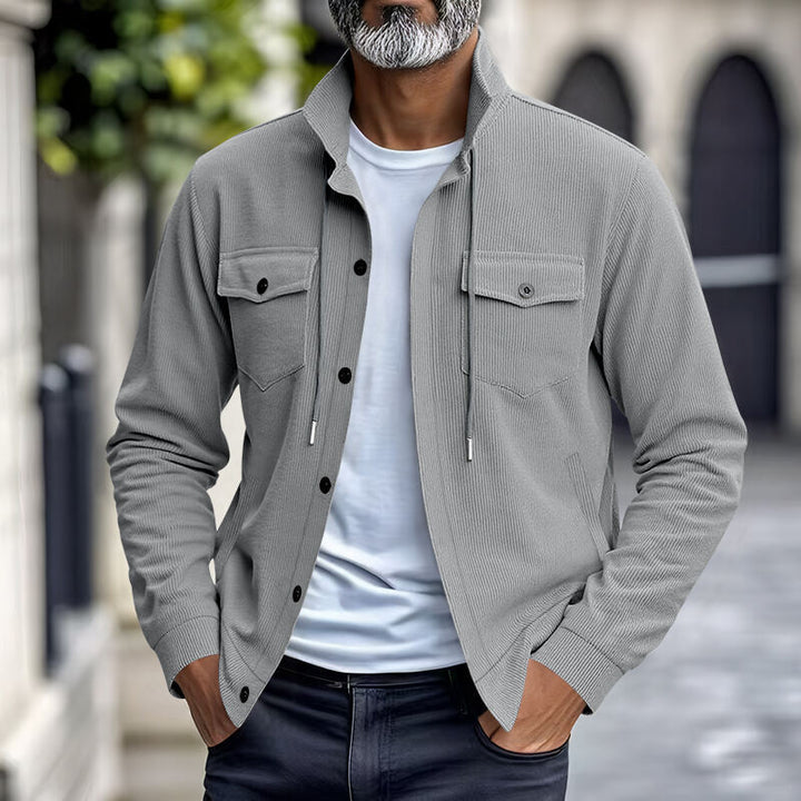 Men's functional cord shirt jacket with high stand collar, drawstring, and patch pockets StylebySassy