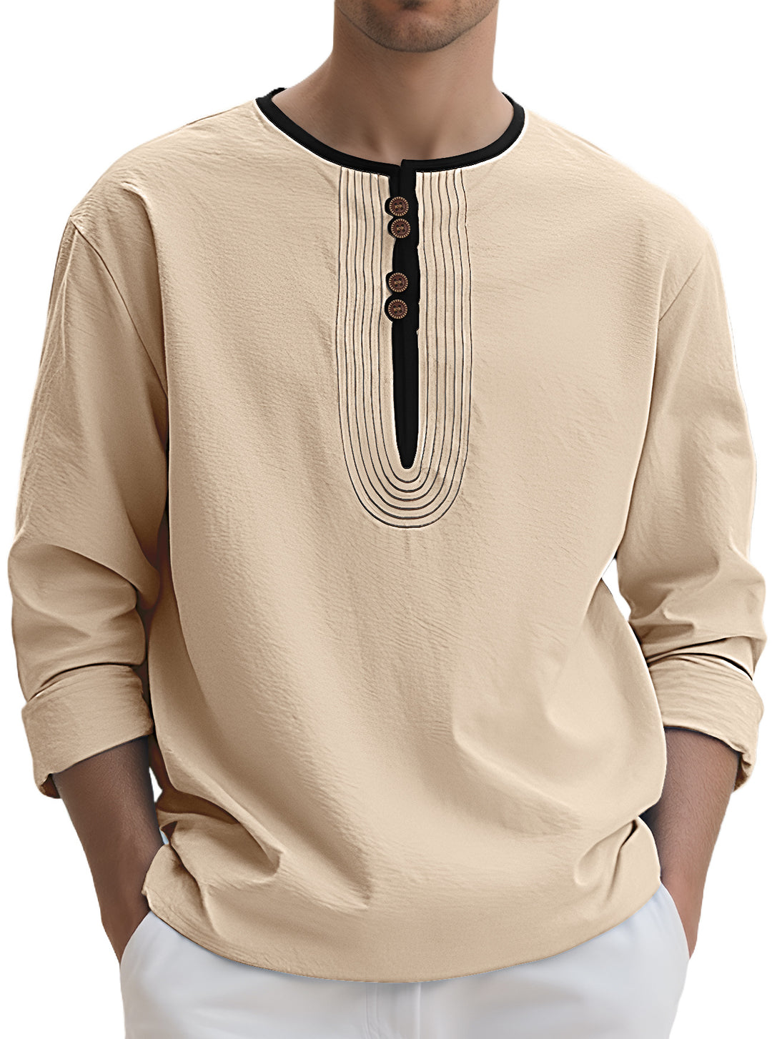 Men's loosely cut long sleeve kurta top with decorative pleats and wooden button placket StylebySassy