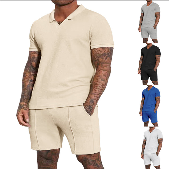 Men's short-sleeved half-collar knit set with fine waffle structure and straight-cut shorts StylebySassy