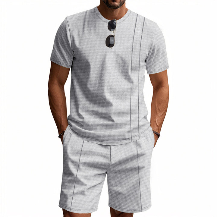 Men's urban waffle jersey ensemble with contrasting decorative seams and loose Bermuda fit StylebySassy