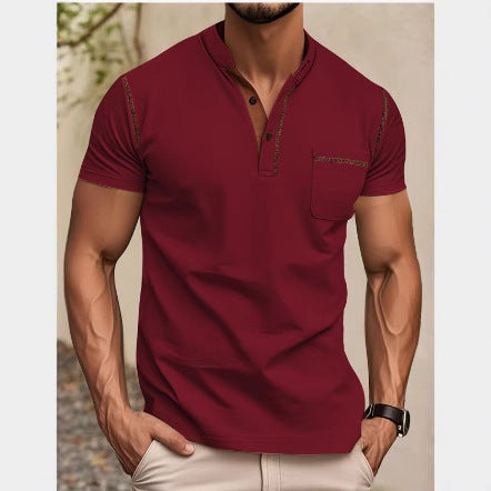 Men's modern short-sleeve Henley with stand collar, contrast stitching, and patch chest pocket StylebySassy