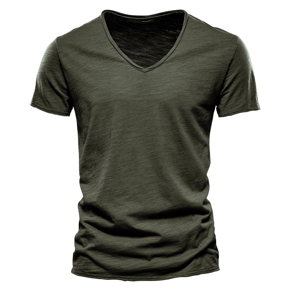 Men's light cotton jersey short-sleeve shirt with V-neck and slim fit StylebySassy