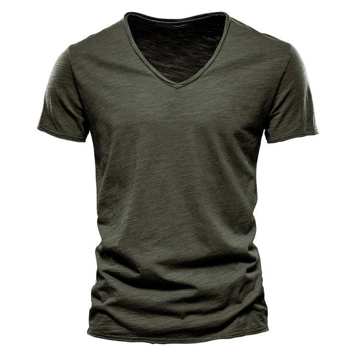 Men's light cotton jersey short-sleeve shirt with V-neck and slim fit StylebySassy