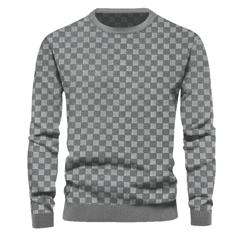 Men's finely structured round neck sweater with check relief and ribbed cuffs StylebySassy