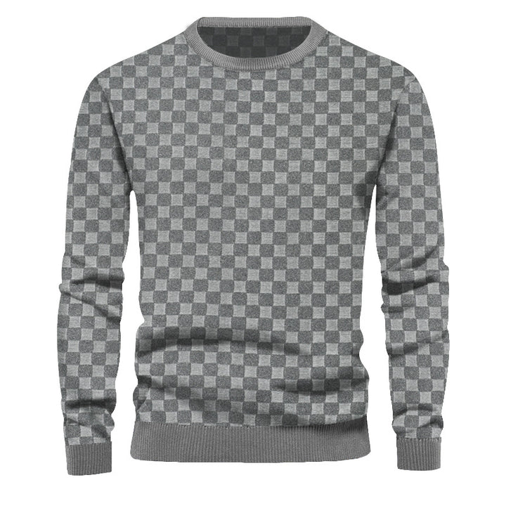 Men's finely structured round neck sweater with check relief and ribbed cuffs StylebySassy