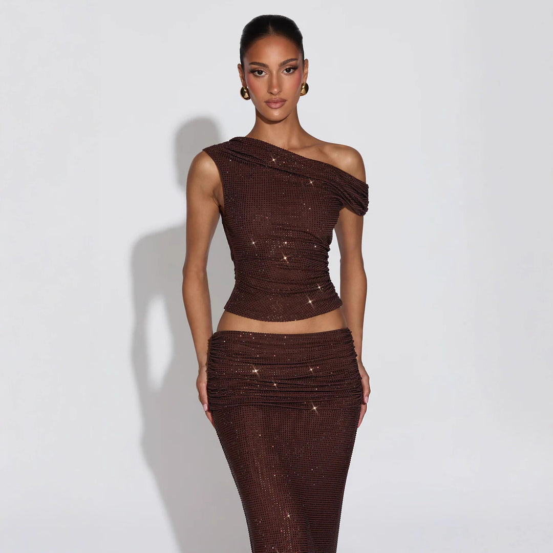 Women Shiny Top with Asymmetrical Cut and Glamorous Rhinestone Details StylebySassy