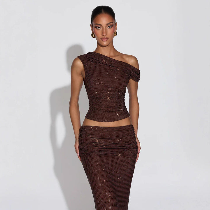 Women Shiny Top with Asymmetrical Cut and Glamorous Rhinestone Details StylebySassy