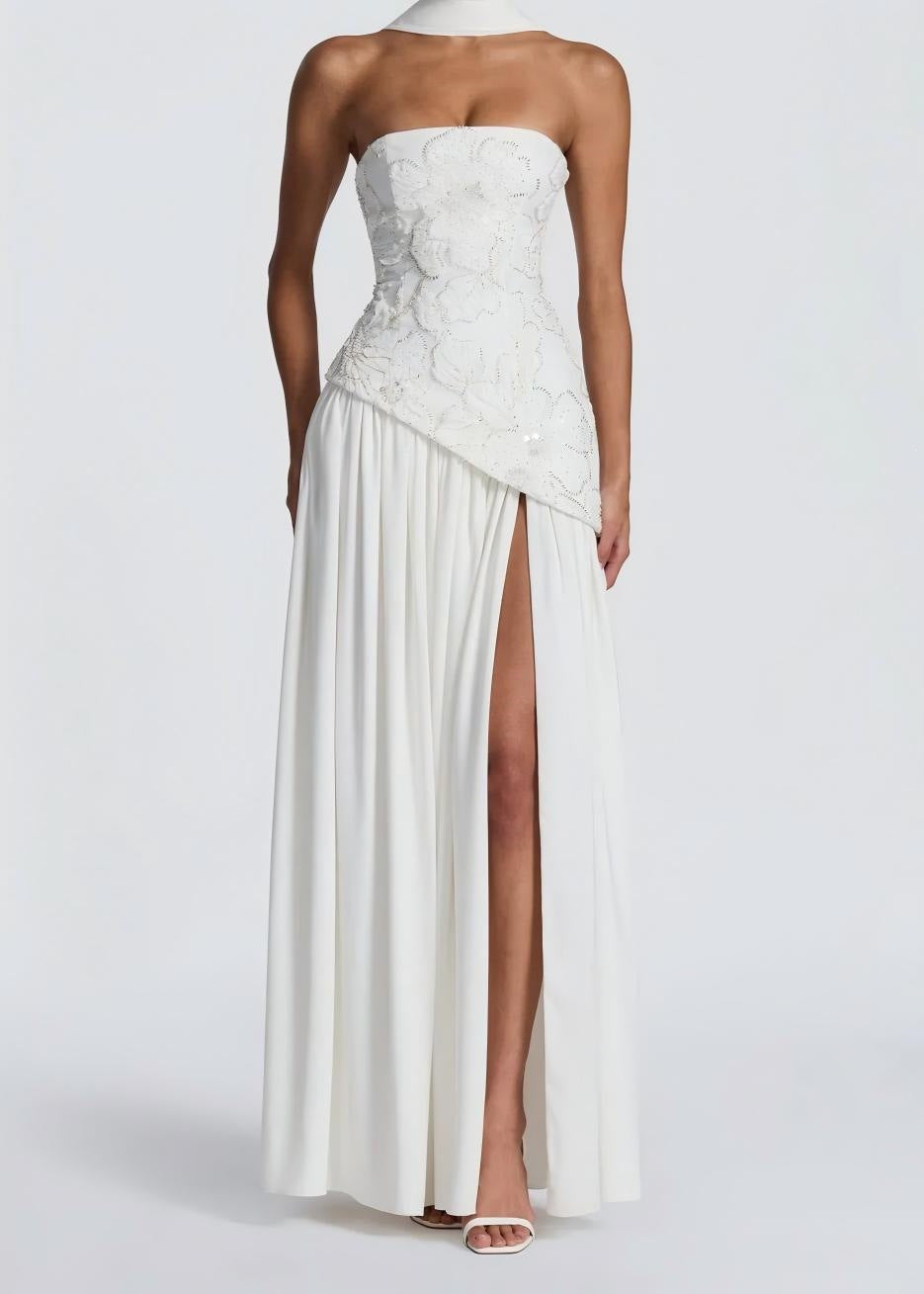 Ladies Strapless Evening Dress with Side Slit and Floral Appliqués StylebySassy