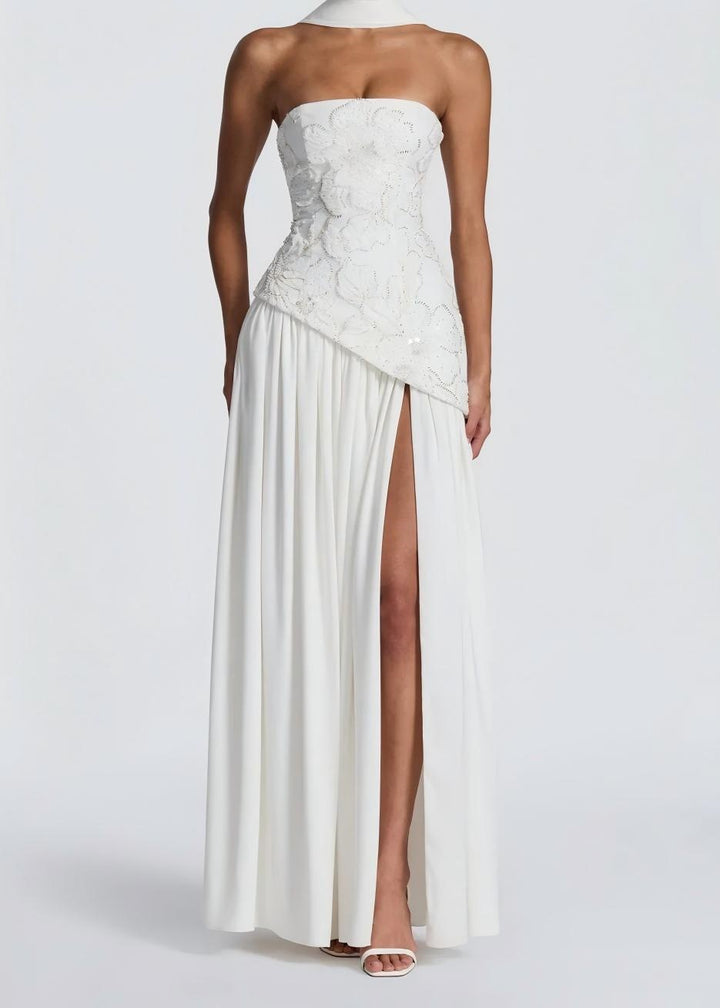 Ladies Strapless Evening Dress with Side Slit and Floral Appliqués StylebySassy