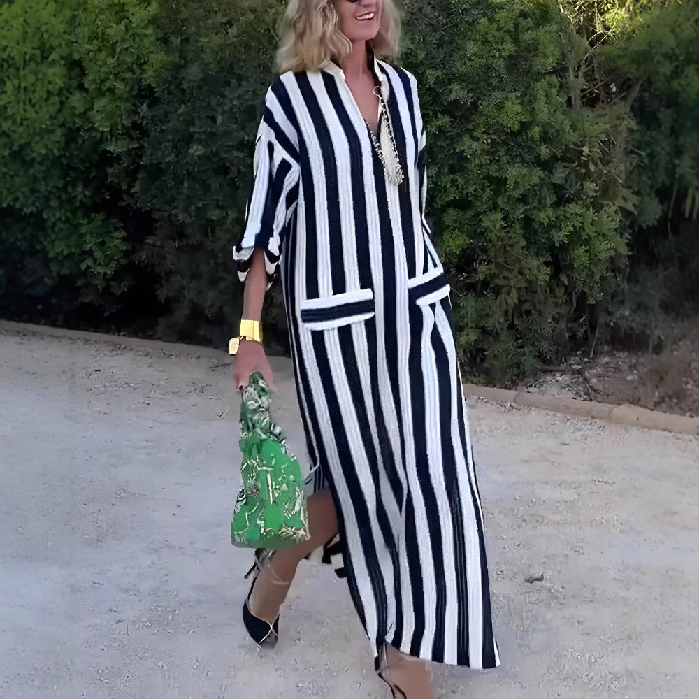 Women casual long shirt dress with vertical stripe pattern, V-neck, patch pockets, and high side slit StylebySassy
