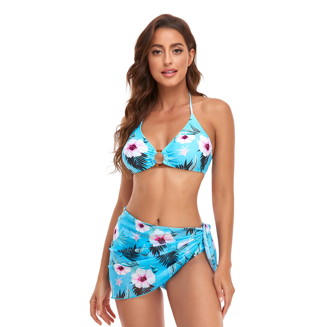 Women's Triangle Bikini Set with trendy wrap skirt and floral design StylebySassy