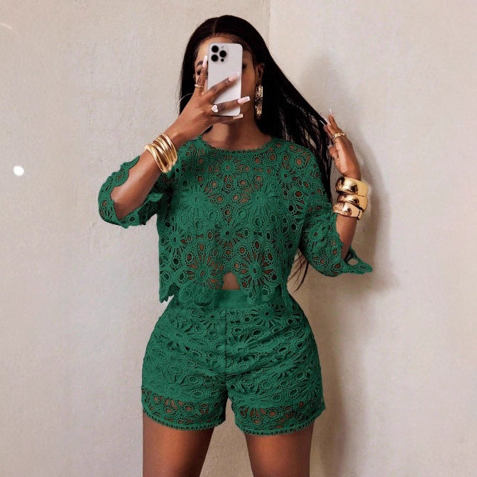Women's crocheted two-piece set with crop top and high-waisted shorts StylebySassy