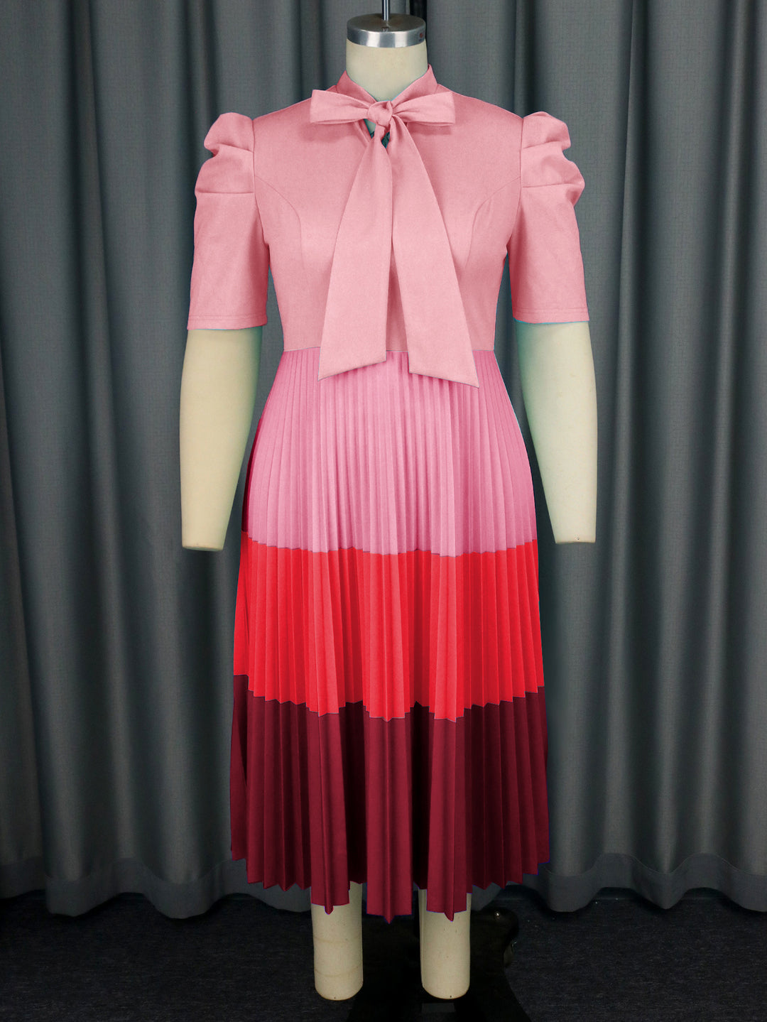 Women Elegant Pleated Dress with Bow Collar StylebySassy