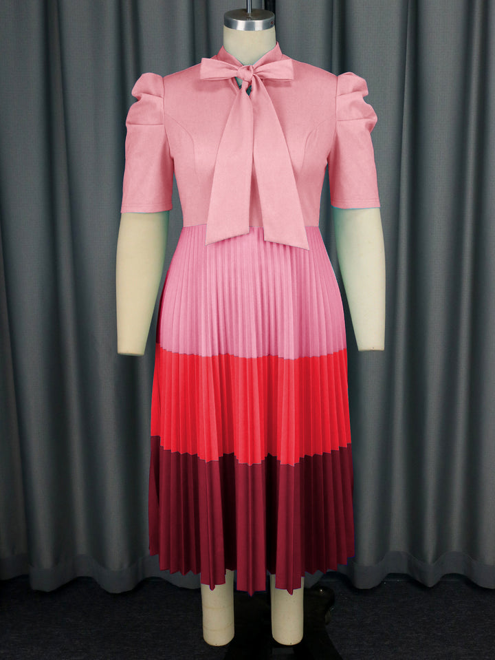 Women Elegant Pleated Dress with Bow Collar StylebySassy