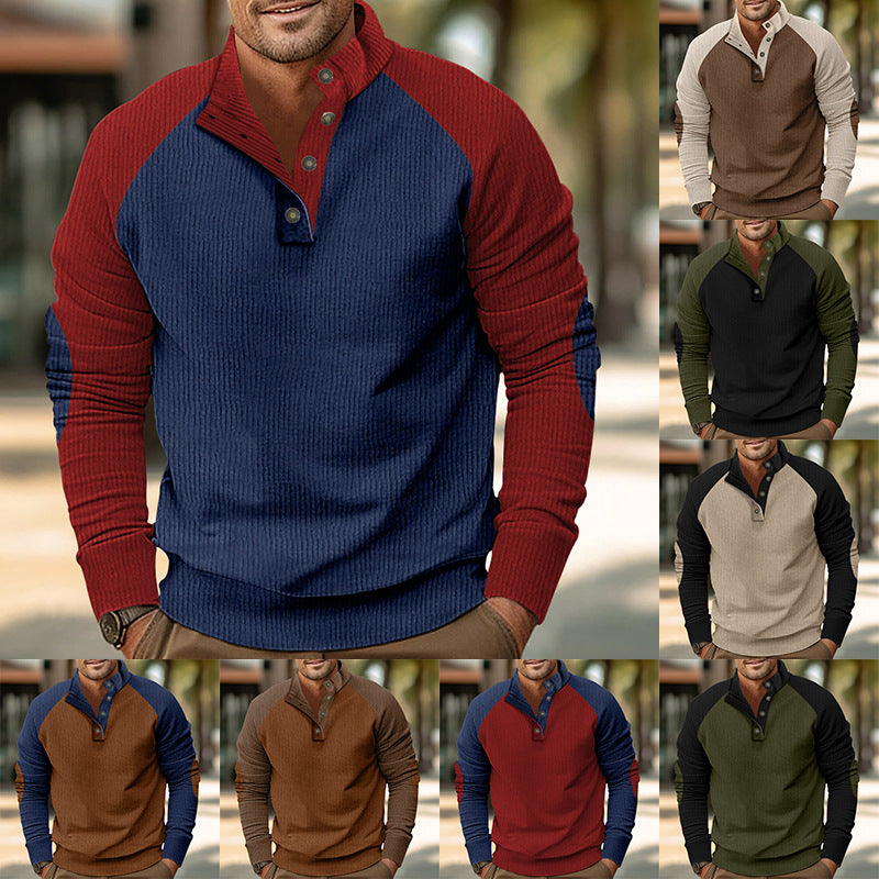 Men's thermal cord pullover with button placket, stand collar, raglan sleeves, and elbow patches StylebySassy
