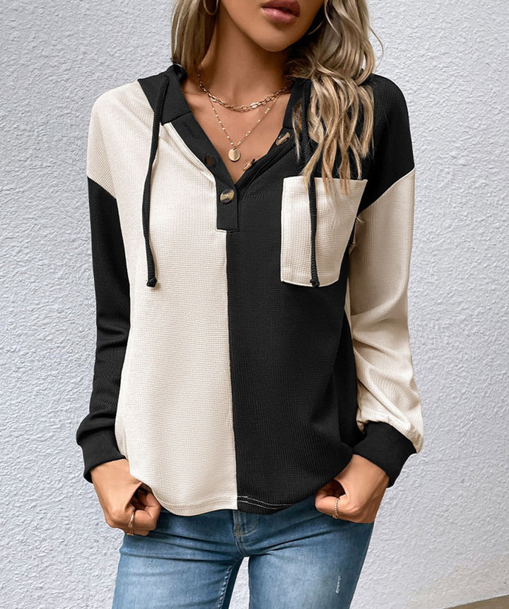 Women's waffle knit hoodie with henley buttons, chest pocket, and hood StylebySassy