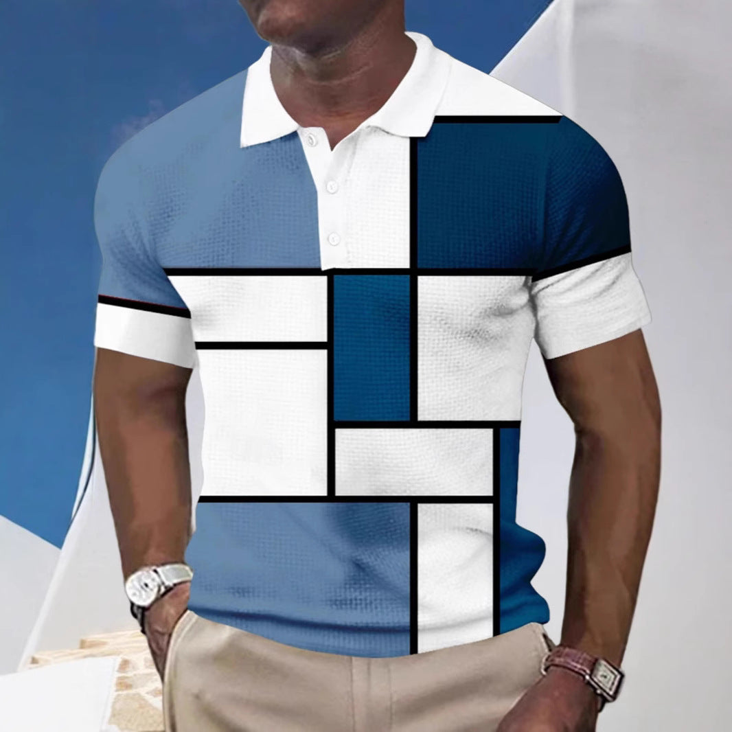 Men's short-sleeved polo shirt with geometric block pattern and fine structured piqué StylebySassy