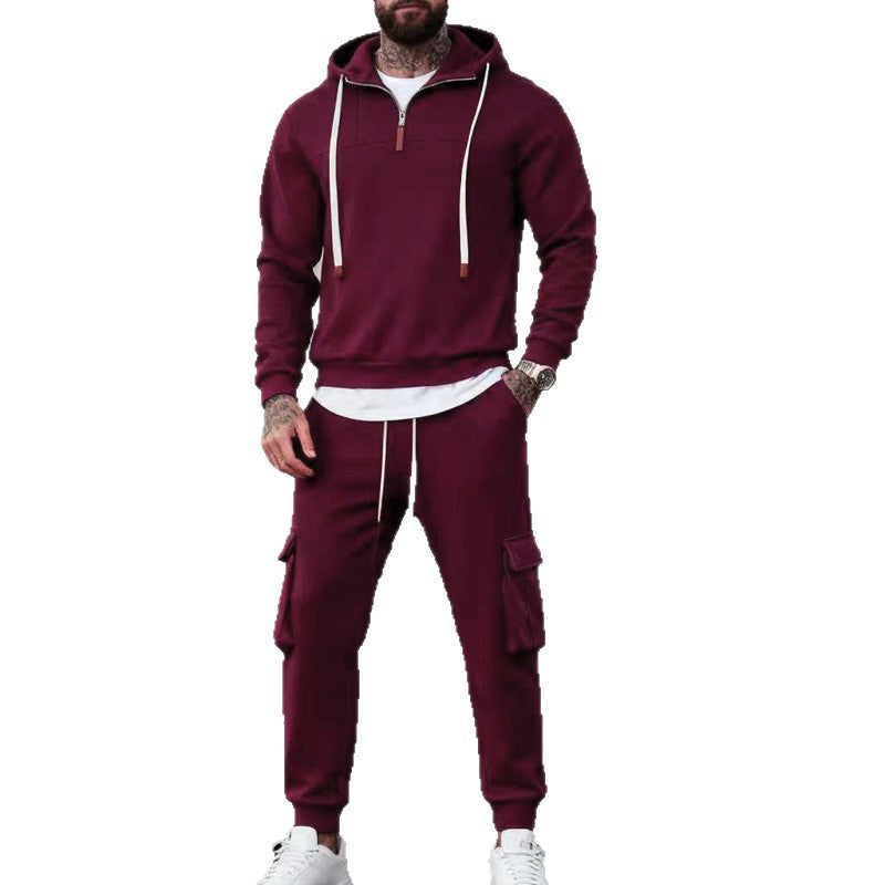 Men's casual fleece tracksuit with half zipper and cargo pockets StylebySassy