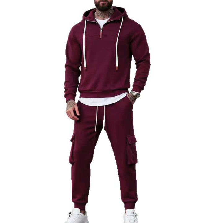 Men's casual fleece tracksuit with half zipper and cargo pockets StylebySassy