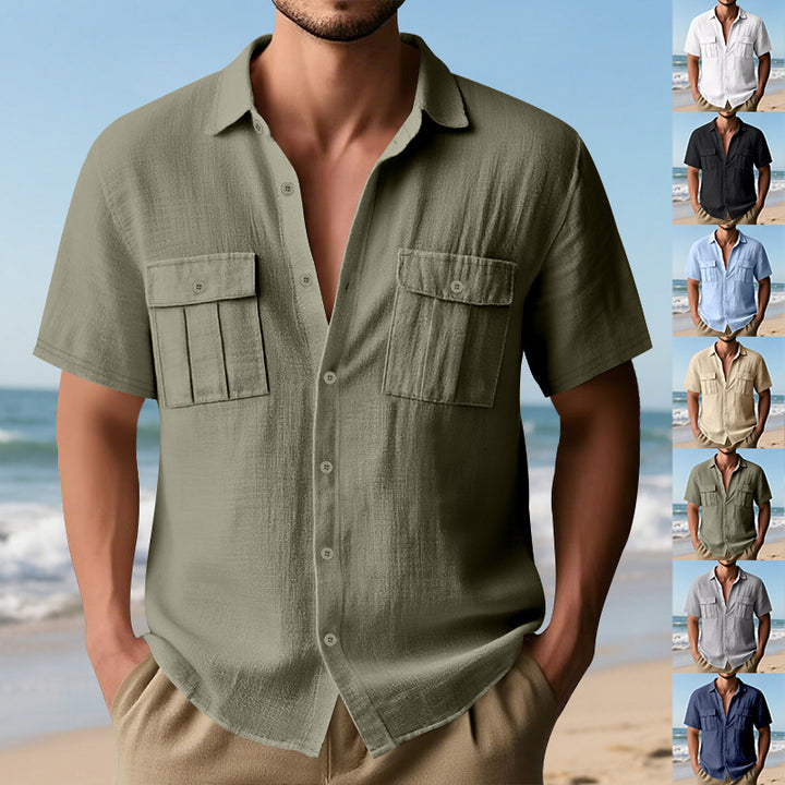 Men's summer short-sleeve shirt made of gauze with patch flap pockets StylebySassy