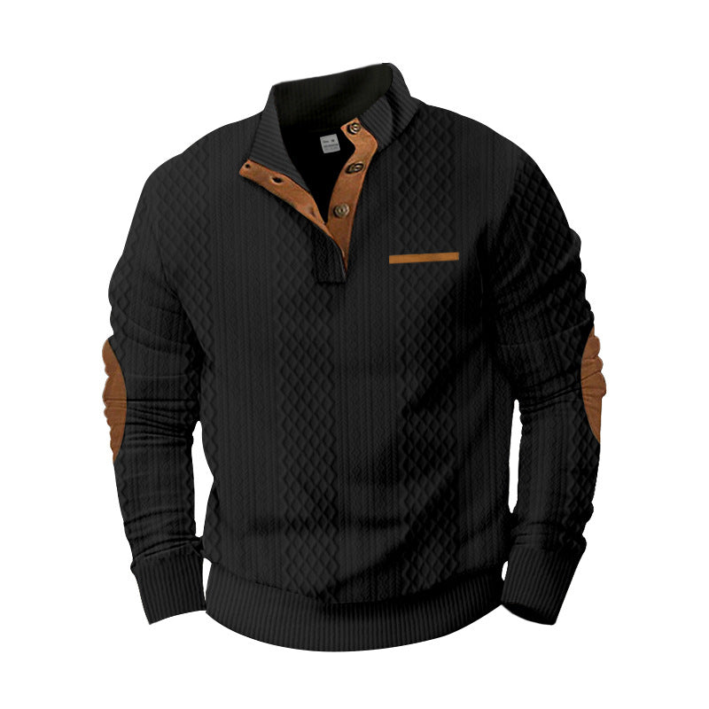 Men's knitted pullover with stand-up collar, button placket and elbow patches StylebySassy