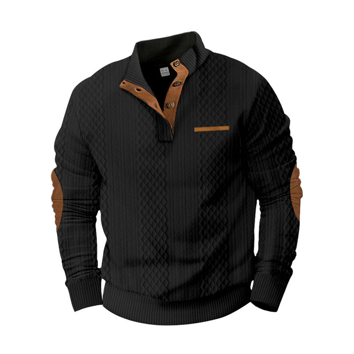 Men's knitted pullover with stand-up collar, button placket and elbow patches StylebySassy