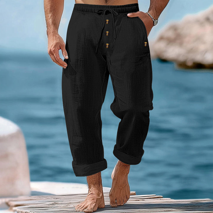Men's casual linen-cotton pants with elastic waistband, drawstring, and rolled-up hem StylebySassy