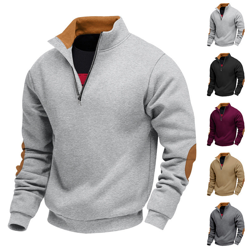 Men's nan Sweatshirt with half zipper, stand collar, and suede elbow patches StylebySassy