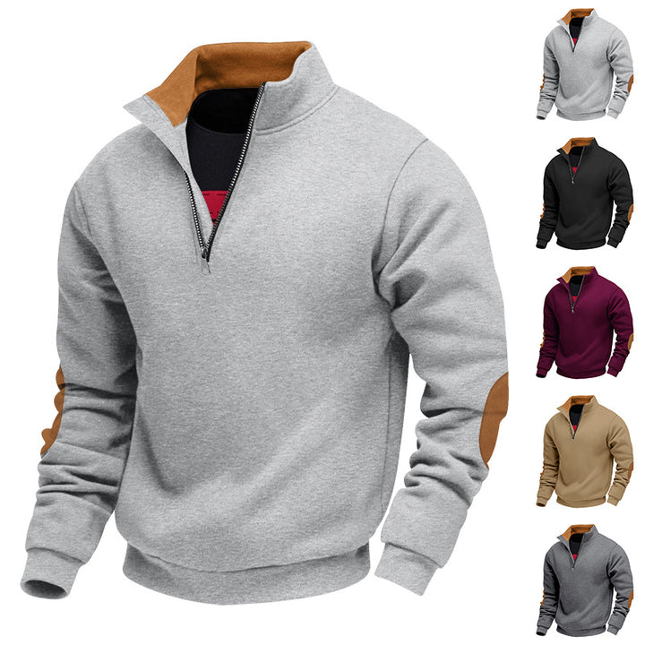 Men's nan Sweatshirt with half zipper, stand collar, and suede elbow patches StylebySassy