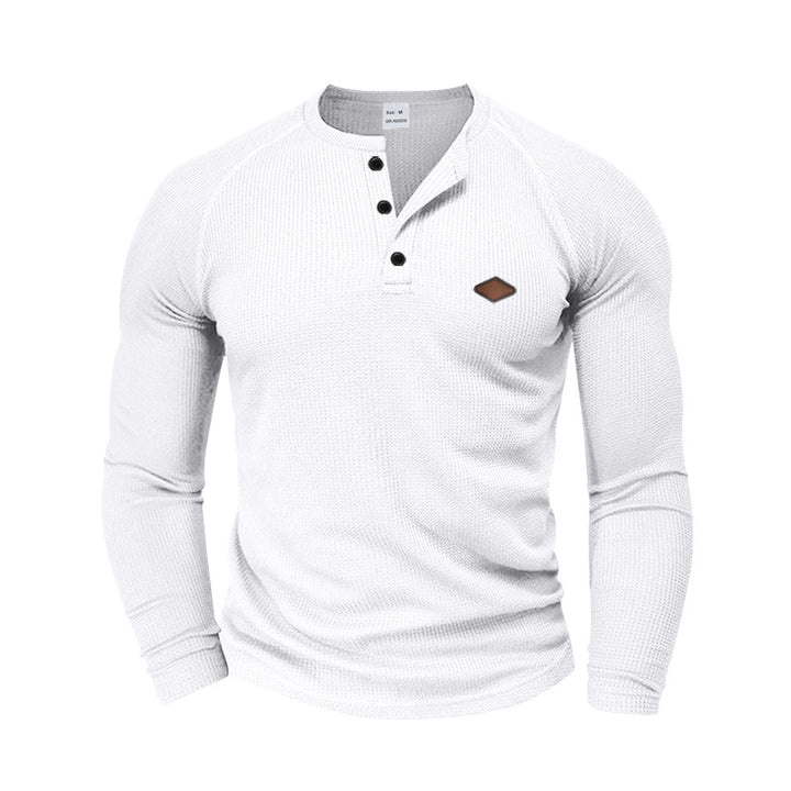Men's structured waffle Henley shirt with short button placket, raglan sleeves, and leather patch StylebySassy