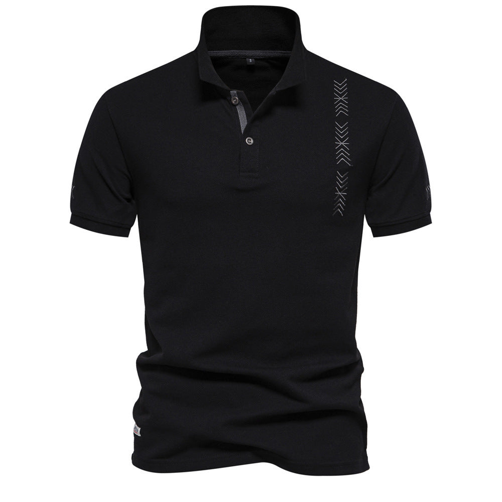 Men's nan casual polo with short button placket, embroidered arrow motif panel, and stand-up collar StylebySassy