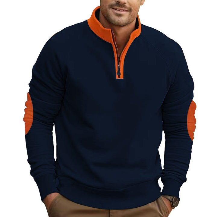 Men's raglan pullover with short zip, stand-up collar and ergonomic elbow panels StylebySassy