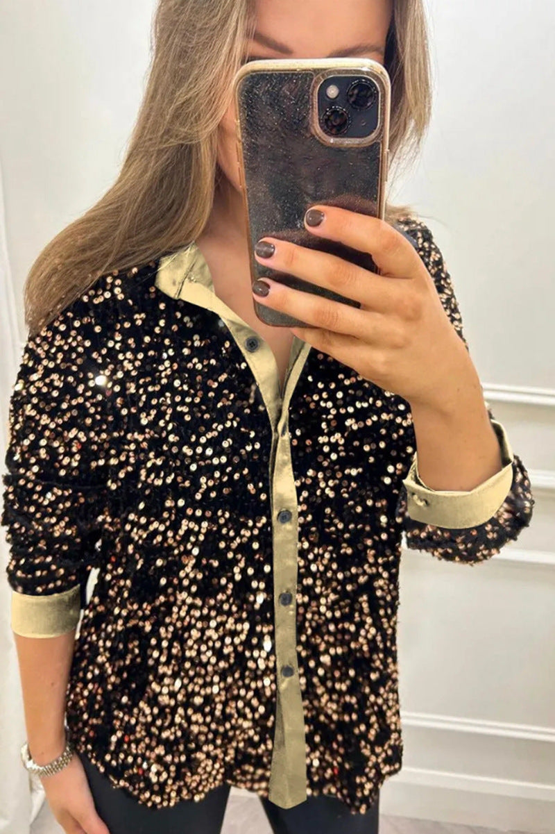 Women's shimmering sequin shirt blouse with collar, button placket, and elastic cuffs StylebySassy