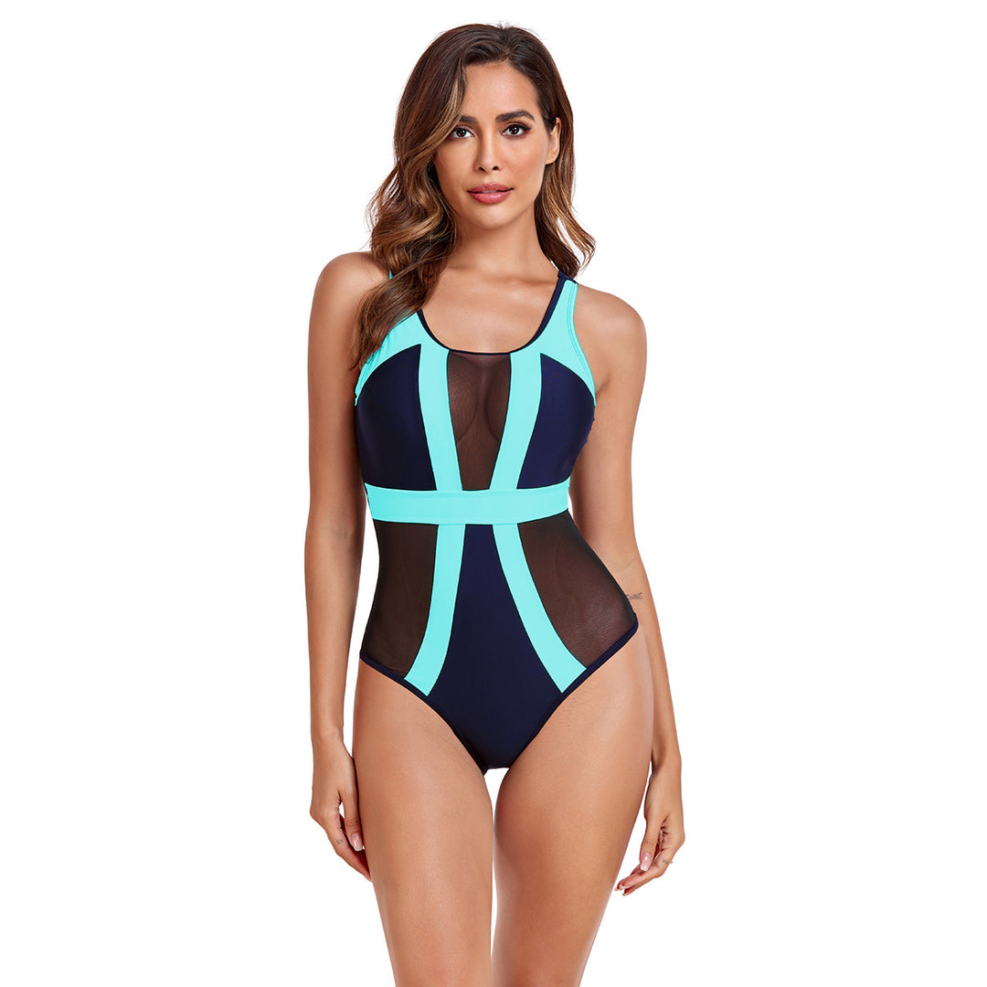 Women's One-Piece Swimsuit with Transparent Mesh Inserts and Stylish Color Block StylebySassy