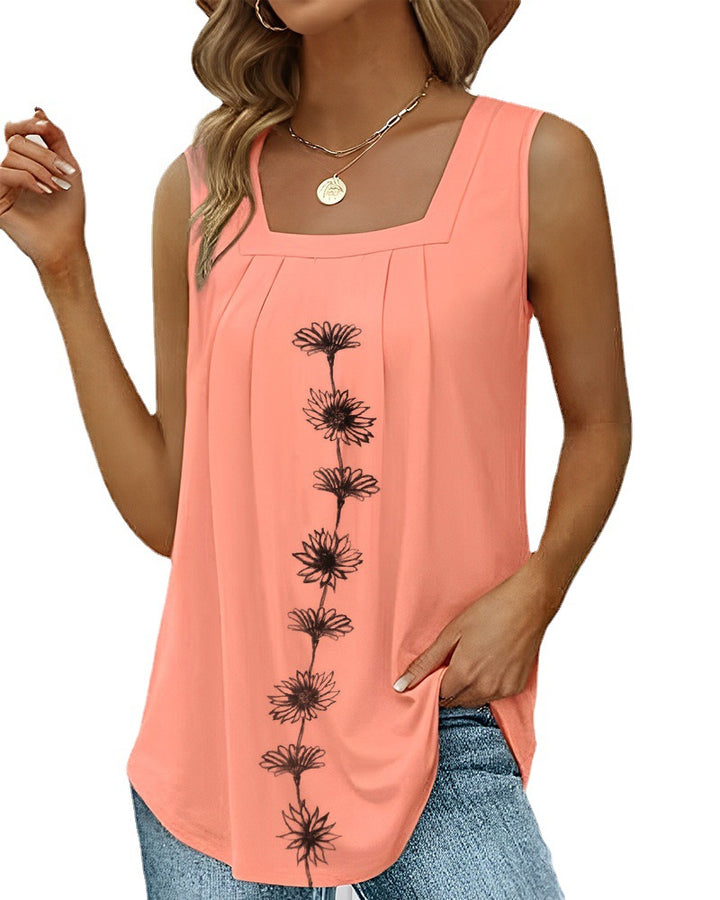 Women's sleeveless long top with square neckline, pleated yoke and central floral print StylebySassy