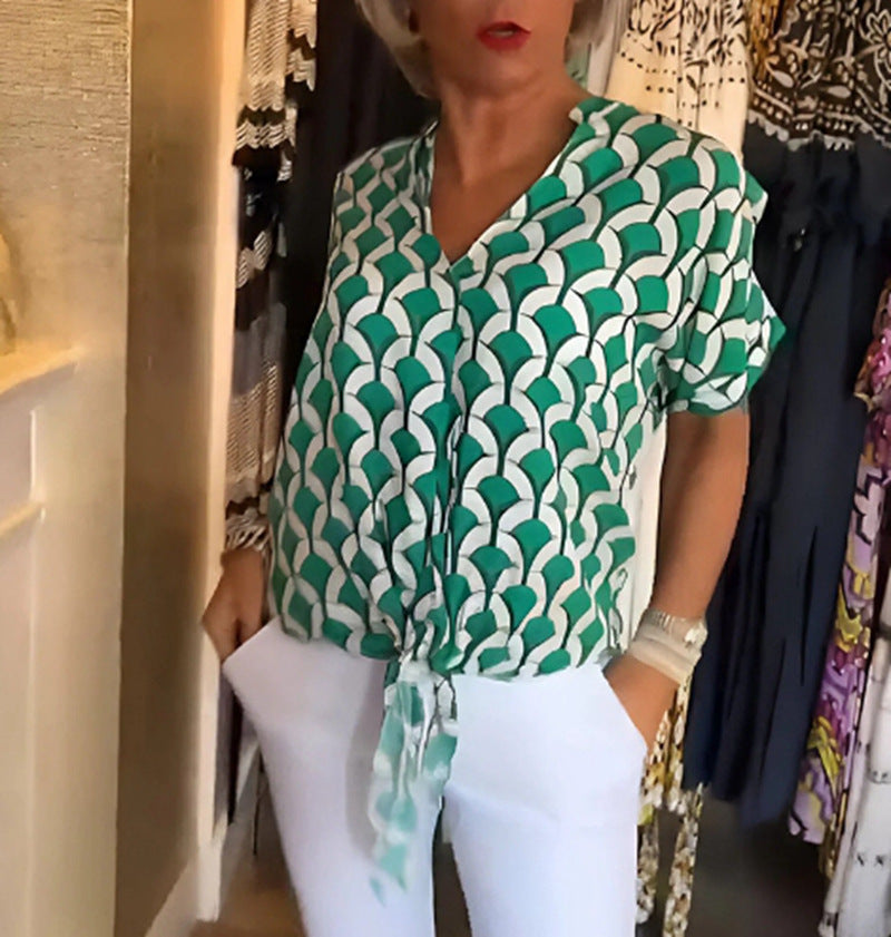 Women’s short-sleeved geometric blouse shirt with knot waistband and stand-up collar StylebySassy