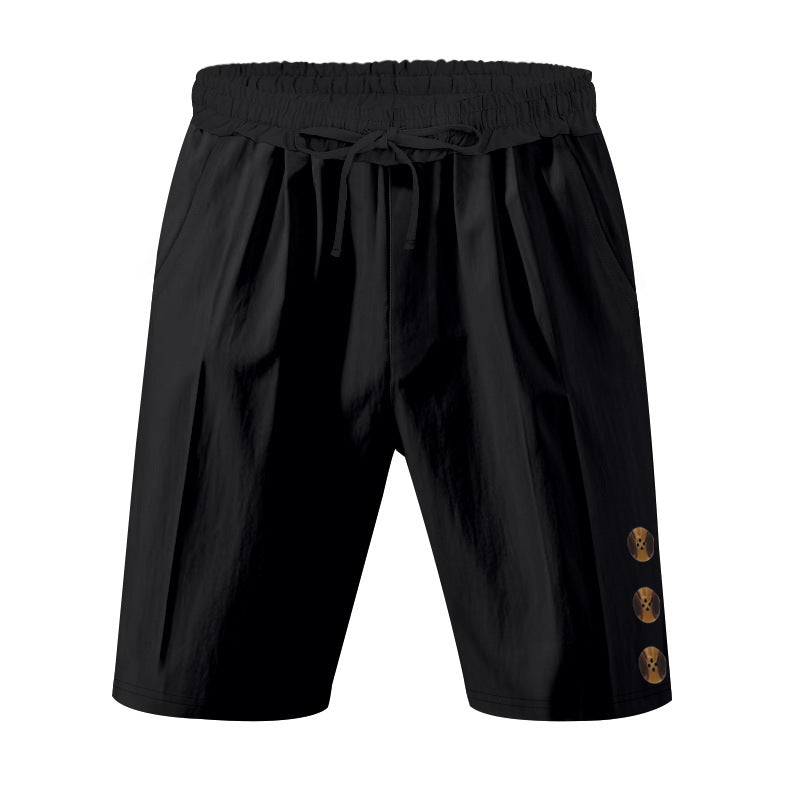 Men's knee-length casual Bermuda shorts with elastic tunnel drawstring waist, side slit pockets, and round decorative appliqués StylebySassy
